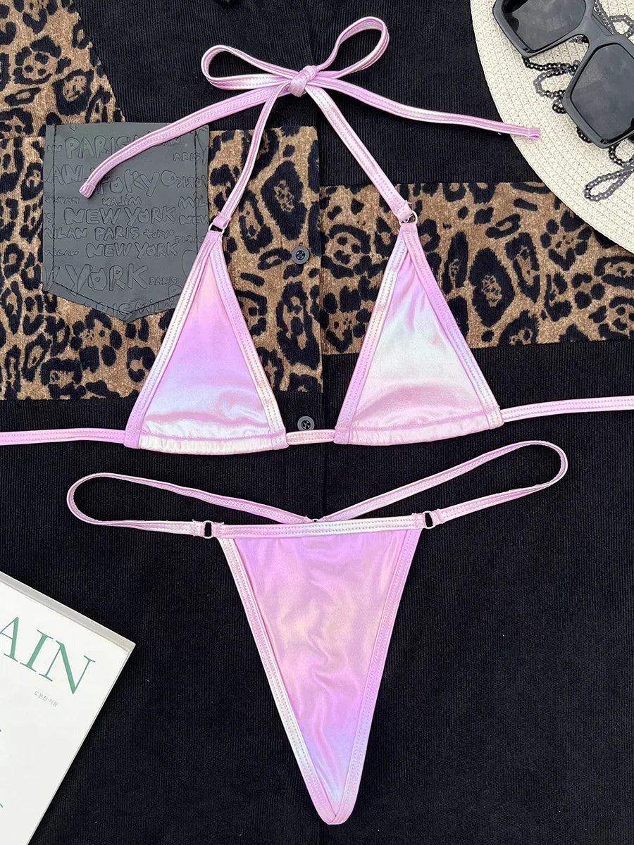 Shiny PU Leather Extreme Mini Micro String Bikini Female Swimsuit Women Swimwear Two-pieces Bikini Set Halter Bathing Suit Swim
