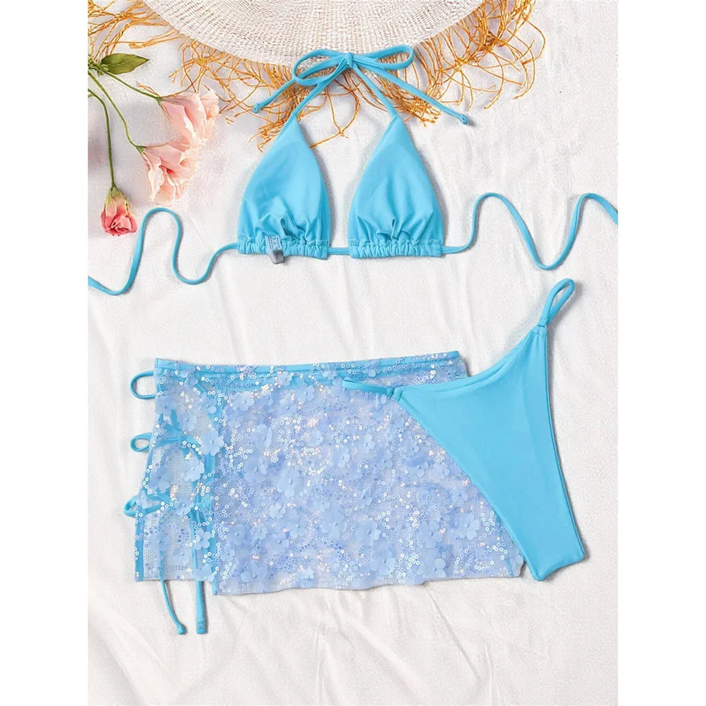 S - XL Three-pieces Bikini set With Skirt Flowers Sequins Bikini Female Swimsuit Women Swimwear Bather Bathing Suit Swim V7864