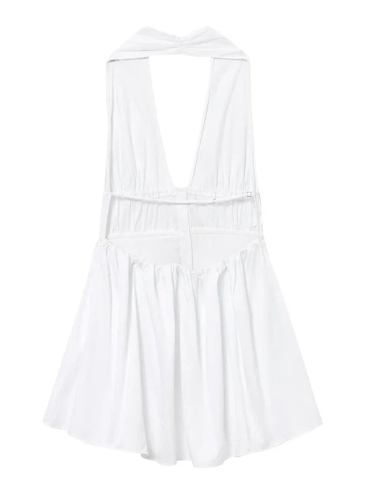 Bowknot White Backless Beach Summer Women's Dress Deep V Neck Cotton Short Vestidos Sexy Sleeveless Halter New in Dress 2025