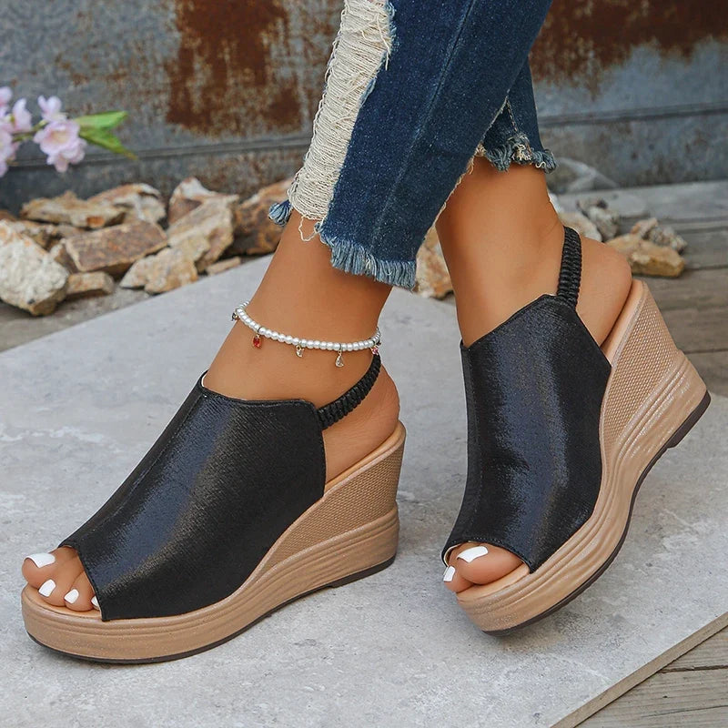 2025 New Gold Wegdes Sandals Women Summer Plus Size Chunky Platform Sandles Woman Elastic Back Strap High Heel Sandalias Mujer