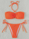 Halter Tie Side Pleated Smocked Bikini Women Bandeau Swimsuit Female Swimwear Two Pieces Bikini Set Bathing Suit Swim Beach Wear