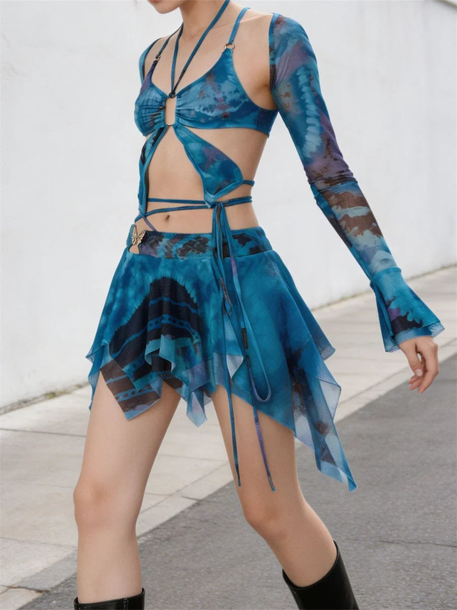 Women 3 Piece Sets Long Sleeve Shrug + Halter Tank Top + Irregular Pleated Skirts Y2K Aesthetic Gothic Sexy Streetwear