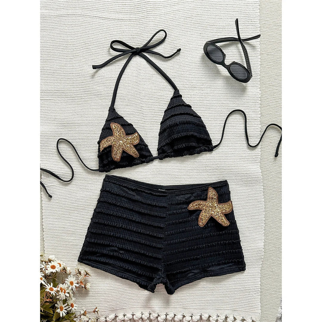 Sequins Starfish Halter High Waist Bikini Female Swimsuit Women Swimwear Two-Pieces Bikini Set Bather Bathing Suit Swim V8215