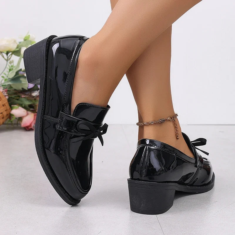 Patent Leather Bowknot Oxford Shoes Women Plus Size 43 Pointed Toe Thick Heel Pumps Woman Elelgant Slip On Pu Leather Shoes 2026