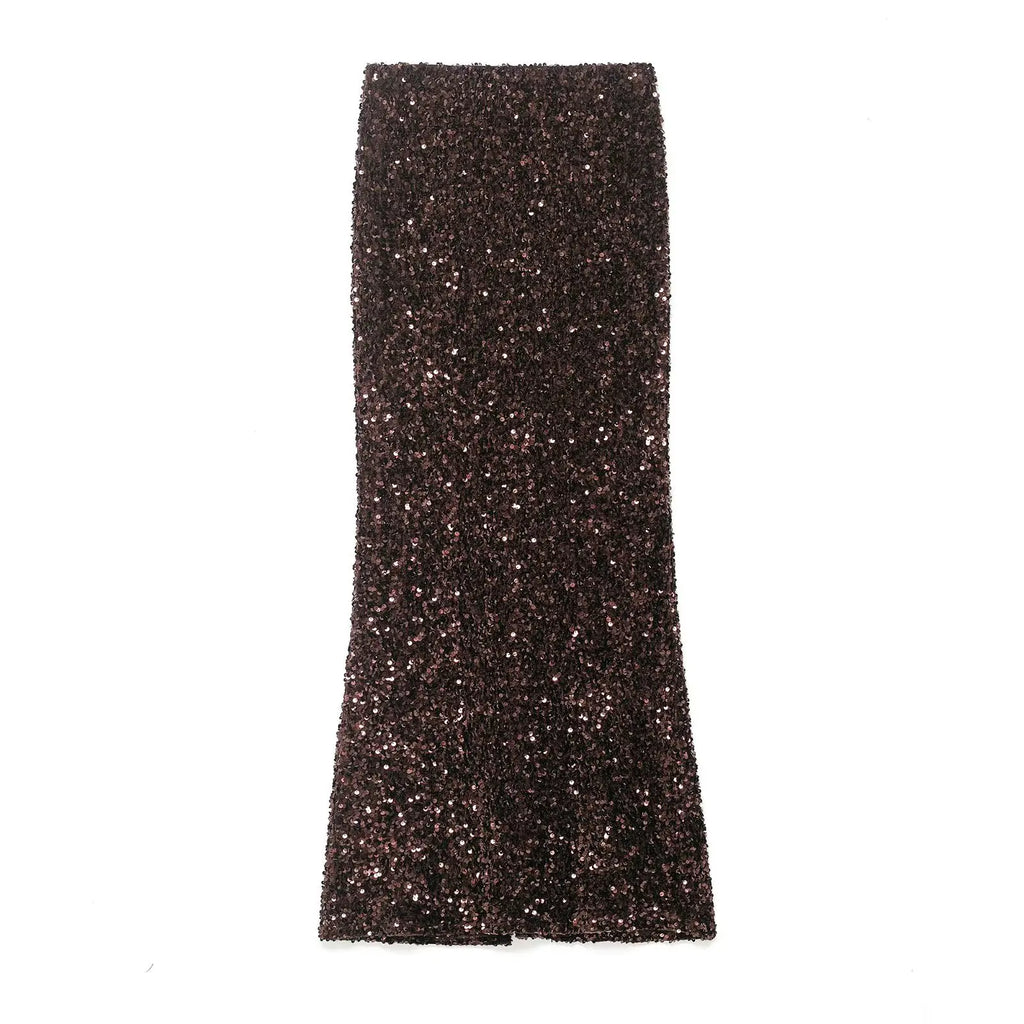 Women's Fashion Sequined Long Dress Womens Brown Sequin Mermaid Maxi Skirt High Waist Bodycon Flare Party Skirt Pure Desire N3OM