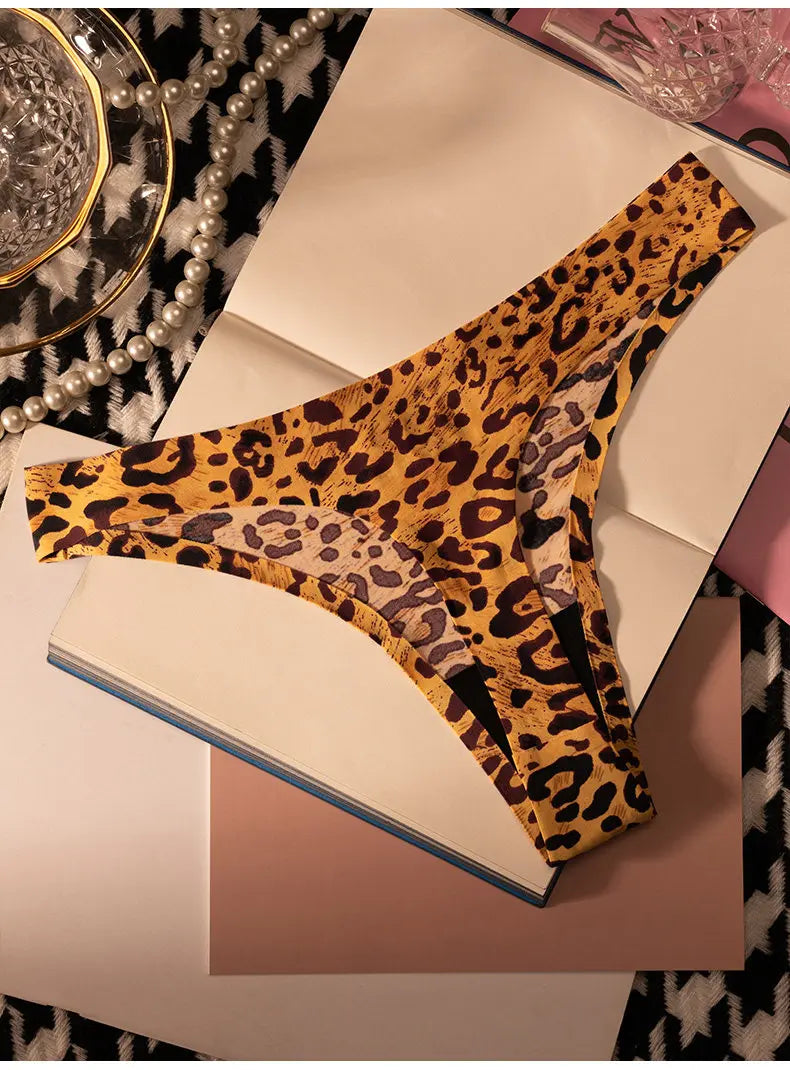 Ice Silk Leopard Women Panties Sexy G String Thong Seamless Underwear T Back Candy Color Girls Briefs Underpants Plus Size M-XXL