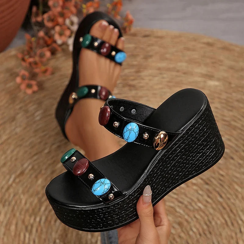 Fashion Gems Chunky Wedges Sandals Women Summer Plus Size 43 Platform Slippers Woman 2026 Gold Super High Heeled Sandalias Mujer