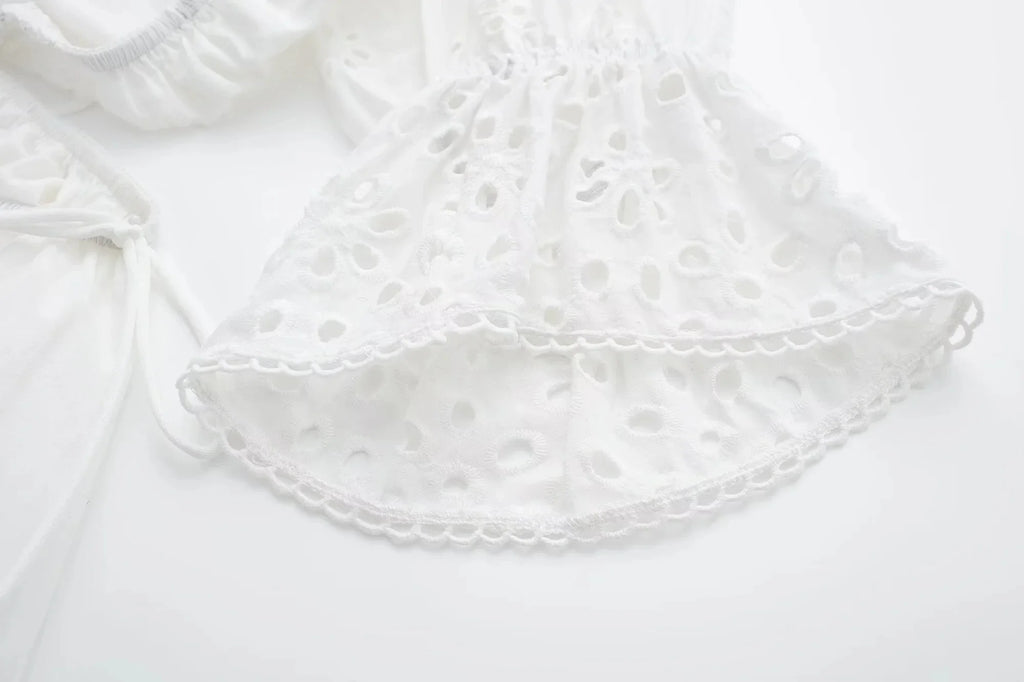 Foridol Lace Summer White Dress Women Puff Sleeve Embriodery Waist Cut Out Beach Short Sexy Cotton Dress Backless 2025 Sundress