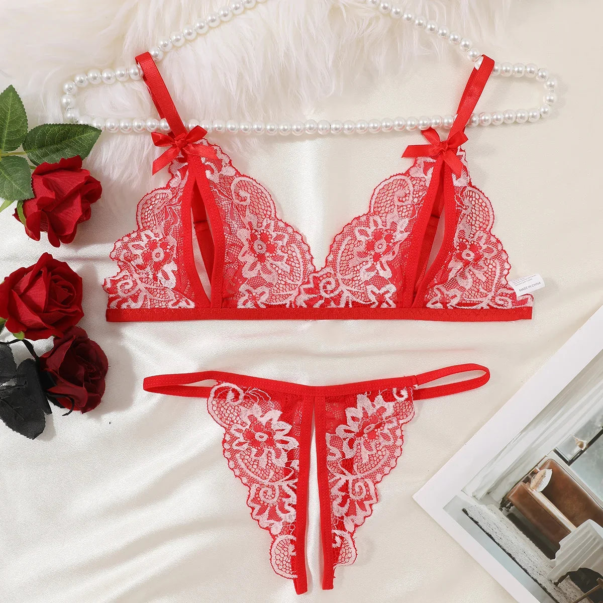Floral Lace Sexy Lingerie Bow Open Split Cup Intimates Bra And Thongs Sets Crotchless Naughty Porn Sex Outfit Women's Underwear