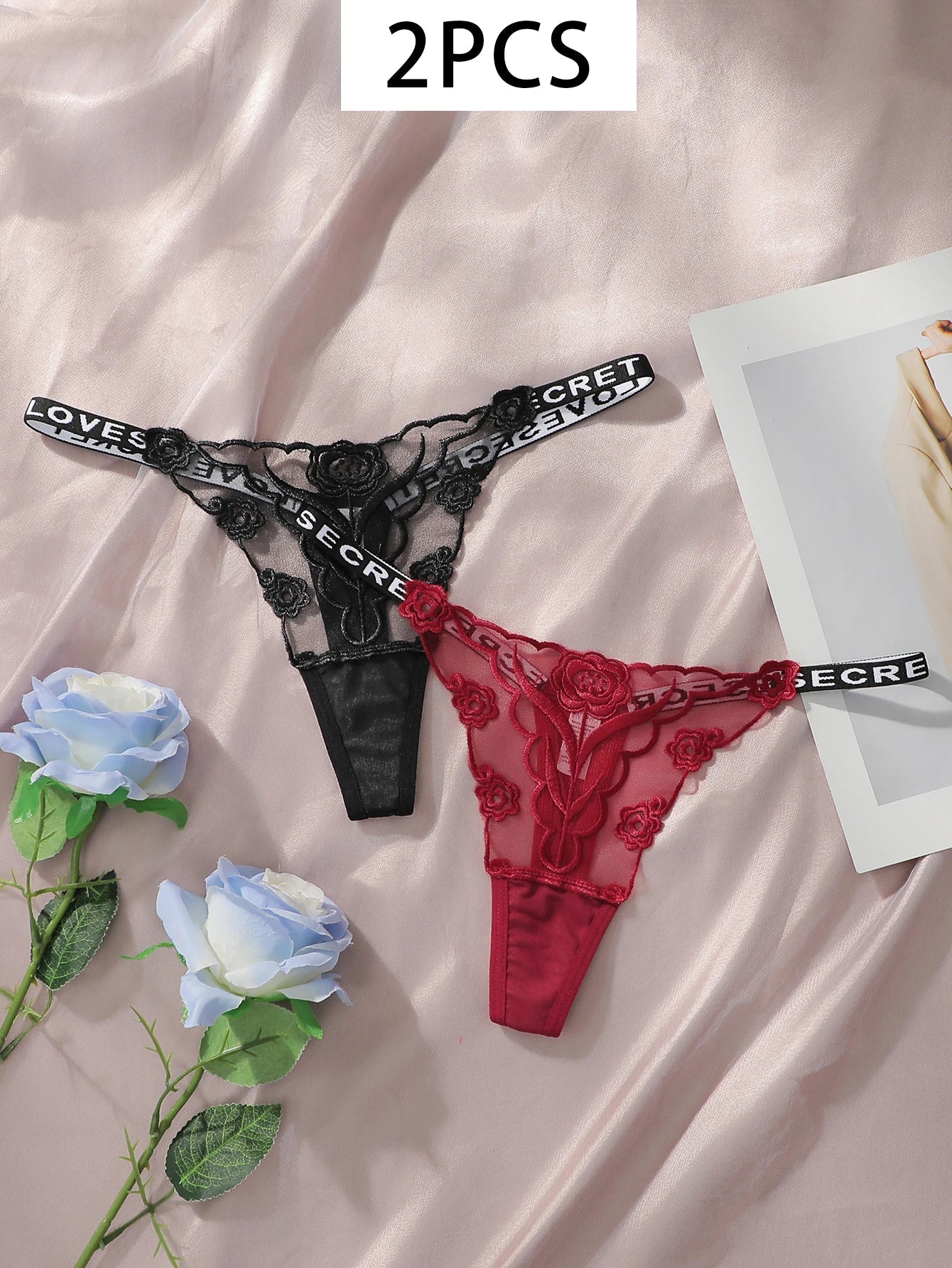 2pcs Ladies' New Lace Sexy Black And White Embroidered Flower Print Sexy Set Thong Underwear C2648