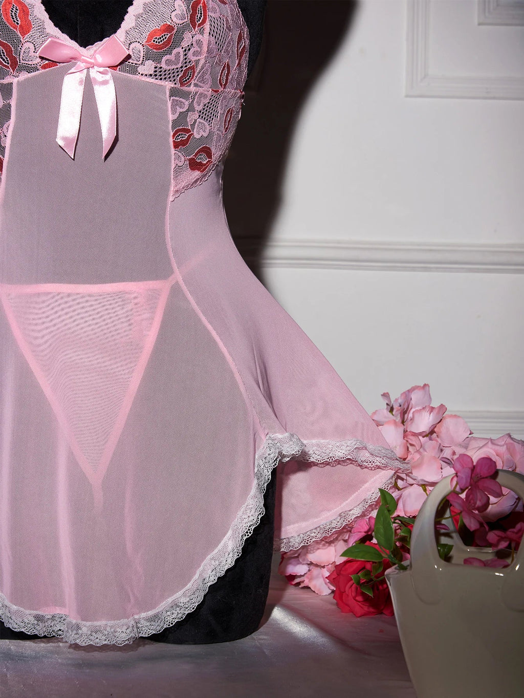 Pink Transparent Ultra Thin Hot Nightgown Women's Pajamas With Thongs Lace Mesh Dress For Sex V-Neck Backless Sexy Lingerie