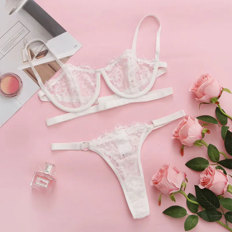 2 Pieces Sexy Lingerie Fancy Lace Erotic Set Transparent Underwear Fairy Embroidery Brief Sets Delicate Bra  Push Up Breves Kit