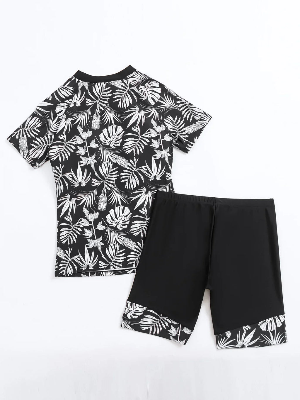 2026 Summer New Women Two-Piece Surfing Suit,fashion Leaf Print Conservative Tankini,Short-sleeve Zipper Swimsuit,beach Swimwear