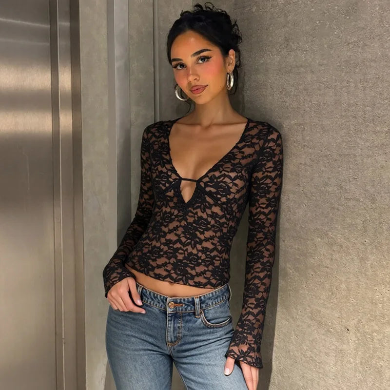 FDYOUI Sexy Deep V-neck Lace T-shirt 2026 Women Long Sleeve See-through Slim Tops Ladies Party Night Club T Shirts Streetwear