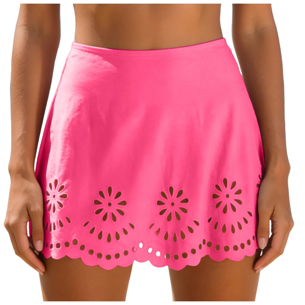Women Solid High Waist Swim Skirts Hollow Out Floral Cutout Scalloped Hem A Line Bikini Cover Up Skirt Vacation Pool Beachwear