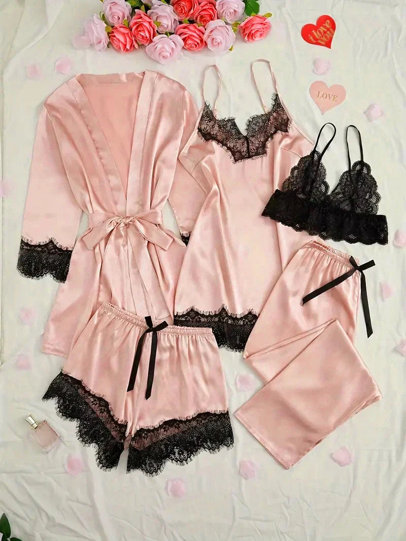 Women's Satin Sleepwear Pajama Set Pink Sexy Lingerie Bath Robe Lace Patchwork Silk Night Dress Trousers Home Clothed Nightwear