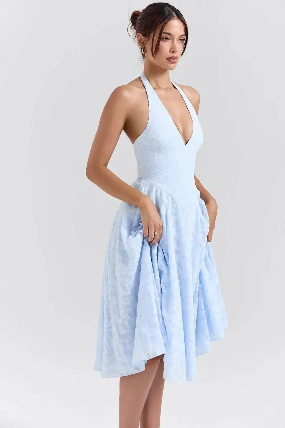 French Style Blue Jacquard Dress With French Vibe V-neck Backless Holiday Halter-neck Dress Niche Long Dress Pure Desire U633