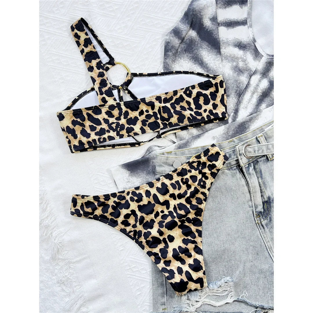 Leopard Printed One Shoulder Cut Out Bikini Female Swimsuit Women Swimwear Two-Pieces Bikini Set Bather Bathing Suit Swim V4429