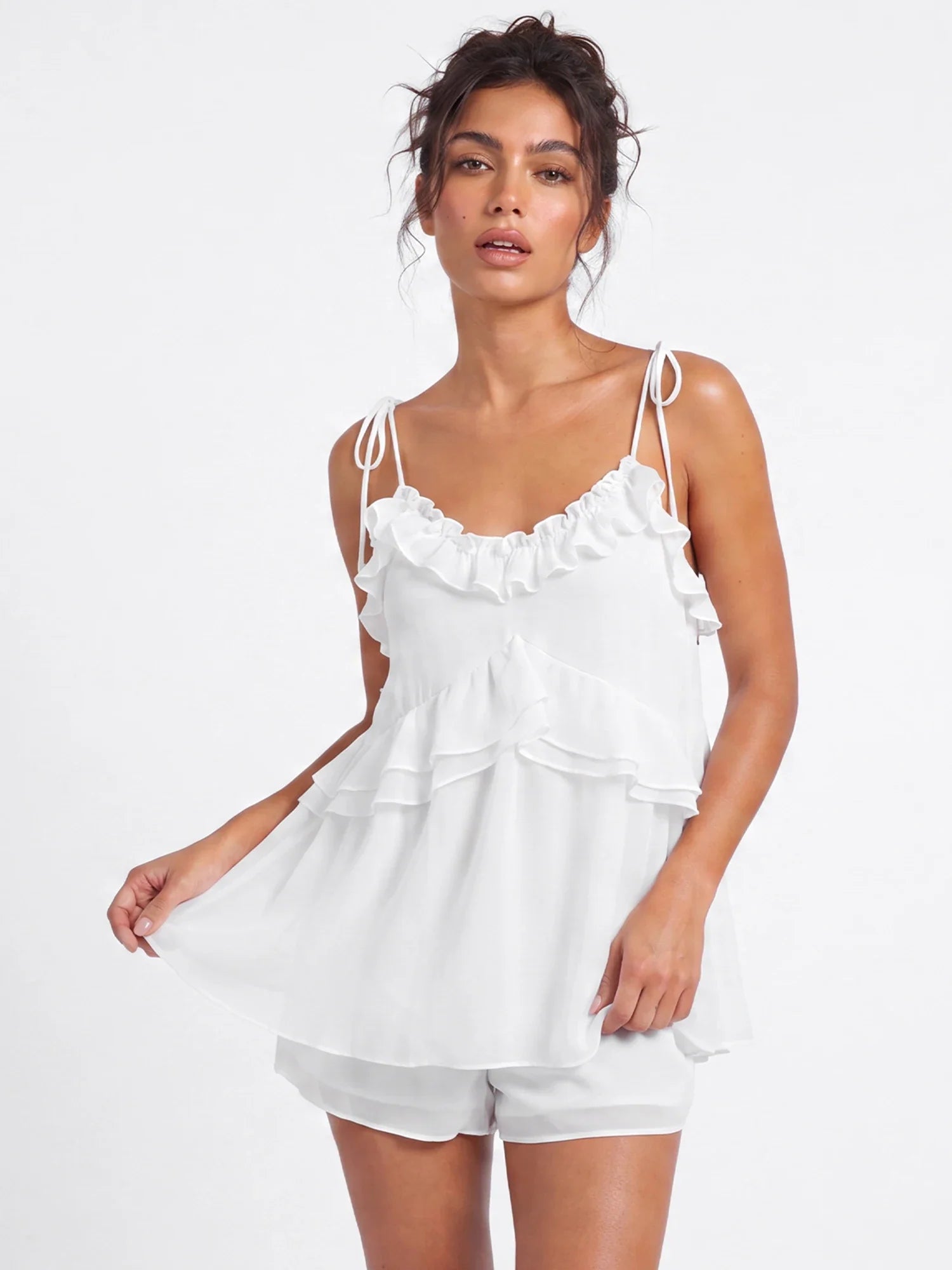 Women's Summer Solid Color Romper Dress Sleeveless Tie Spaghetti Strap Ruffle Jumpsuit Shorts Playsuit