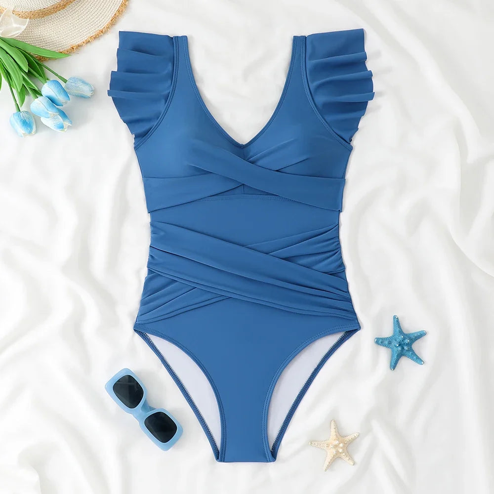 2026 Sexy Ruffle Swimsuit One Piece V-neck Drawstring Swimwear Women Bathers Bathing Swimming Swim Suit Female Beachwear XXL