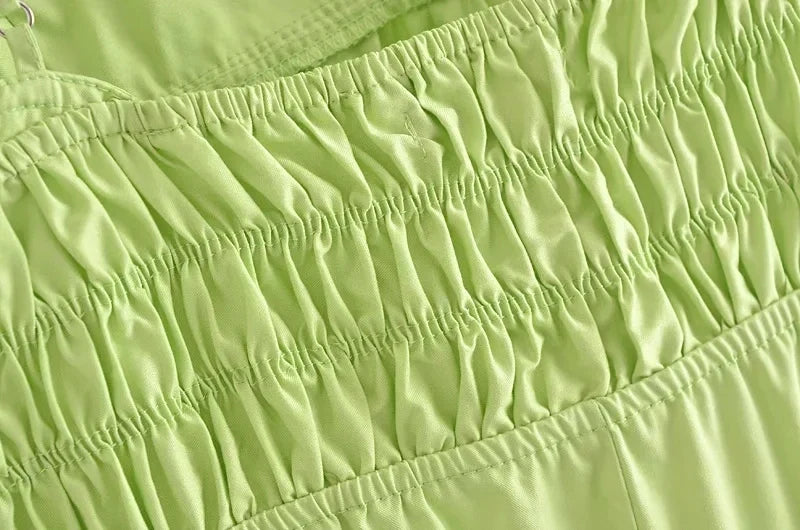 Foridol Elastic Smocking Green Cotton V Neck Summer Women's Dress Sleevless Long Green Maxi Casual Strapy Dress Solid Female