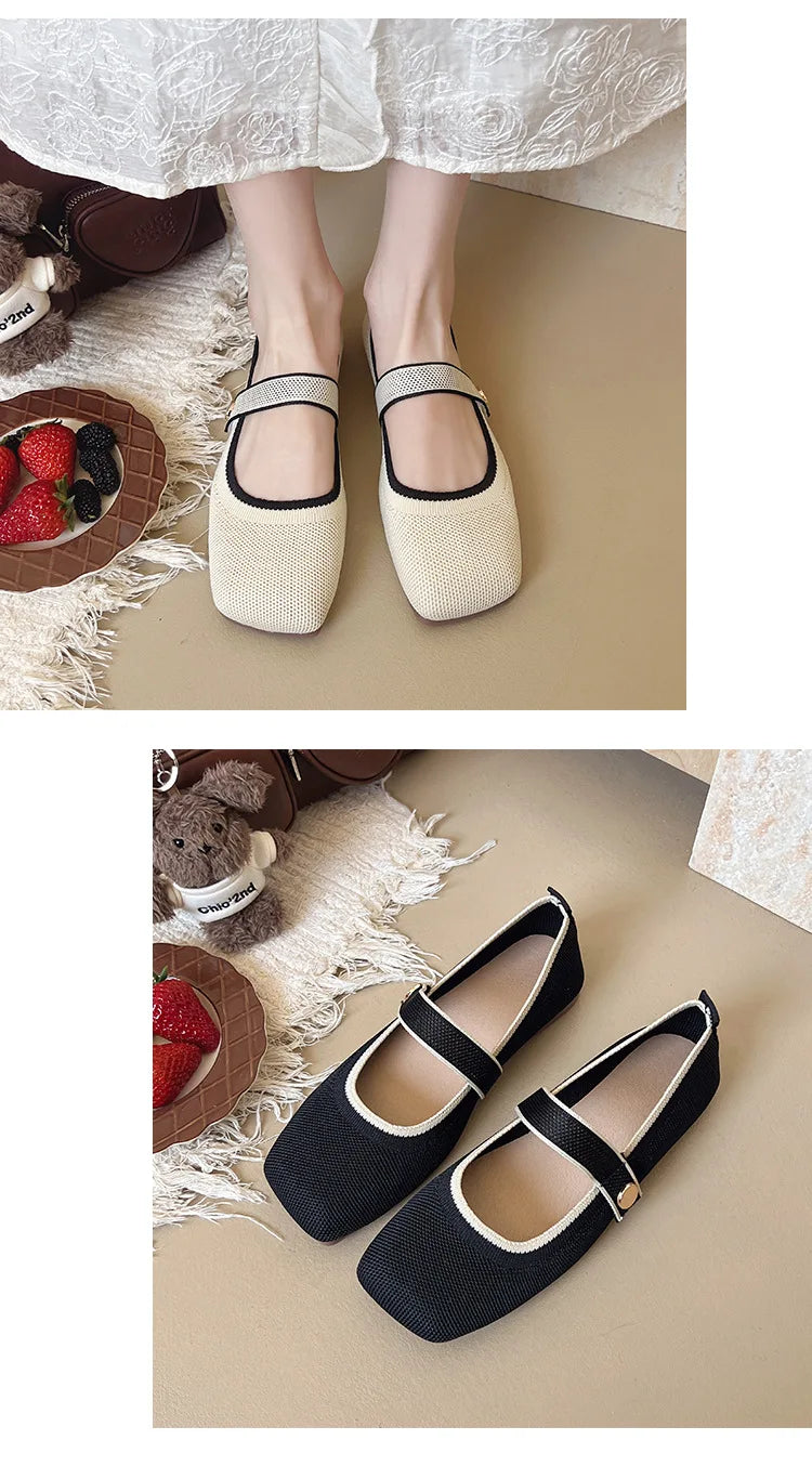2026 New Mary Jane Shoes Woman Summer Autumn Leisure Flats Breathable Knitted Square Toe Female Daily Walking Driving Flat Shoes