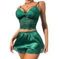 2 Pcs/Set Women Pajama Set Hollow Out Lace V Neck Sleeveless Crop Top High Waist Satin Shorts Anniversary Sleepwear Outfits