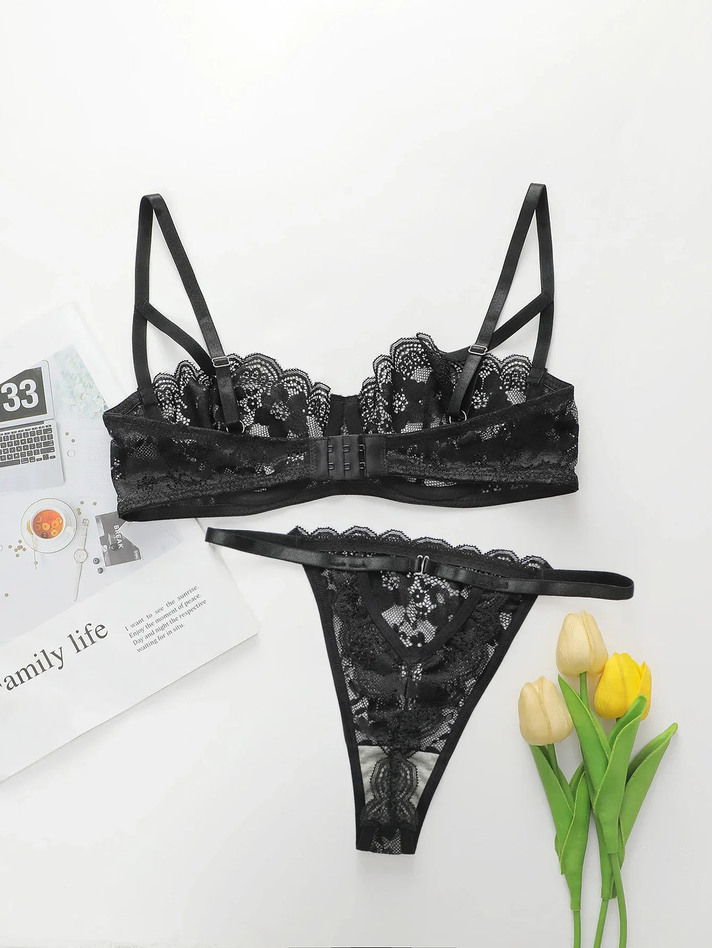 High Quality New Sexy Underwear For Women's Lace Transparent Hollow 3/4 Bra Gathering Steel Ring Push Up Underwear Set HR2634