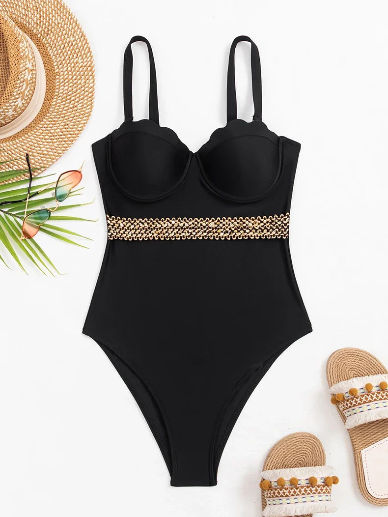 Sexy Black Knitted Patchwork One Piece Swimsuit 2026 Ruffles Push Up Underwire Slim Tummy Control Swimwear Beach Bathing Suits