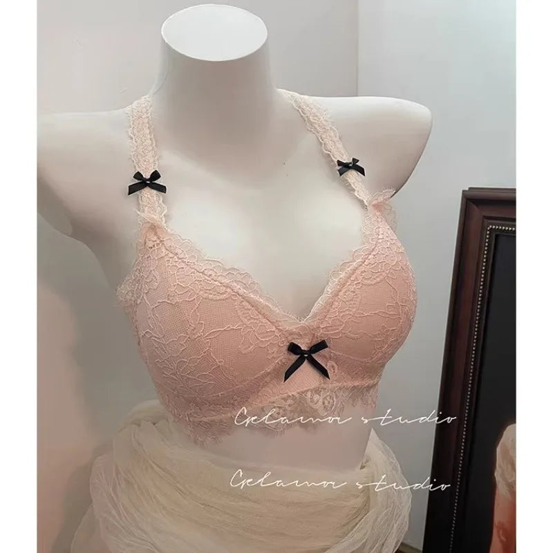 Elegant French Halter Neck Bra Set, Lace Wireless Bralette for Small Bust, Push Up Sensual Underwear Bralette & Panty MOYISU Bra