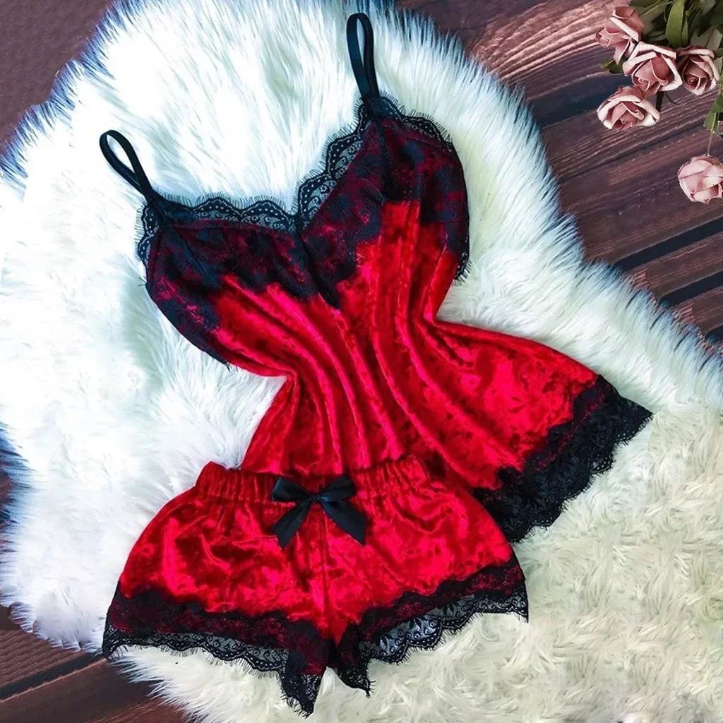 Summer Velvet Pyjamas Set for Women Sleepwear Sleeveless Straps Nightwear Lace Trim Cami Top and Shorts Sets Sexy Lingerie