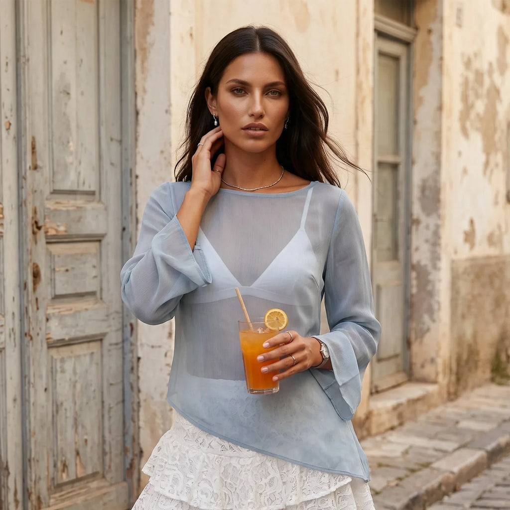 Summer Women's Sheer Chiffon Tops Solid Color Boat Neck Long Sleeve Tie-up Back Blouse for Party Club Daily Cover-ups Shirt