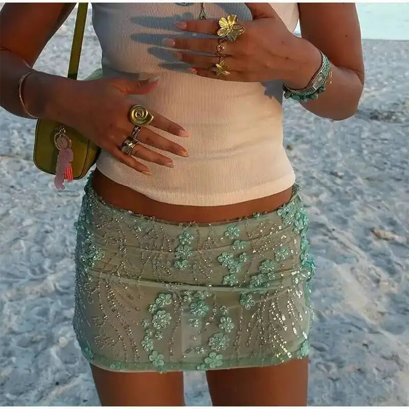 Fashion Floral Sequ Pearl Mini Skirt For Women Summer Vacation Beaded Hip Package Short Skirts Evening Party Lady Beach QH8J