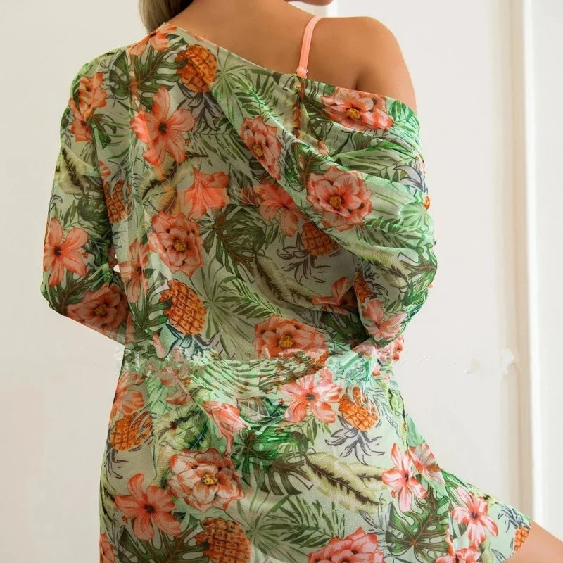 Boho Style Women's 3 Pieces Swimsuit Floral Bikini Set+Long Sleeve Cover-Up Swimwear Sexy Low Waist Tankinis Beachwear Holiday