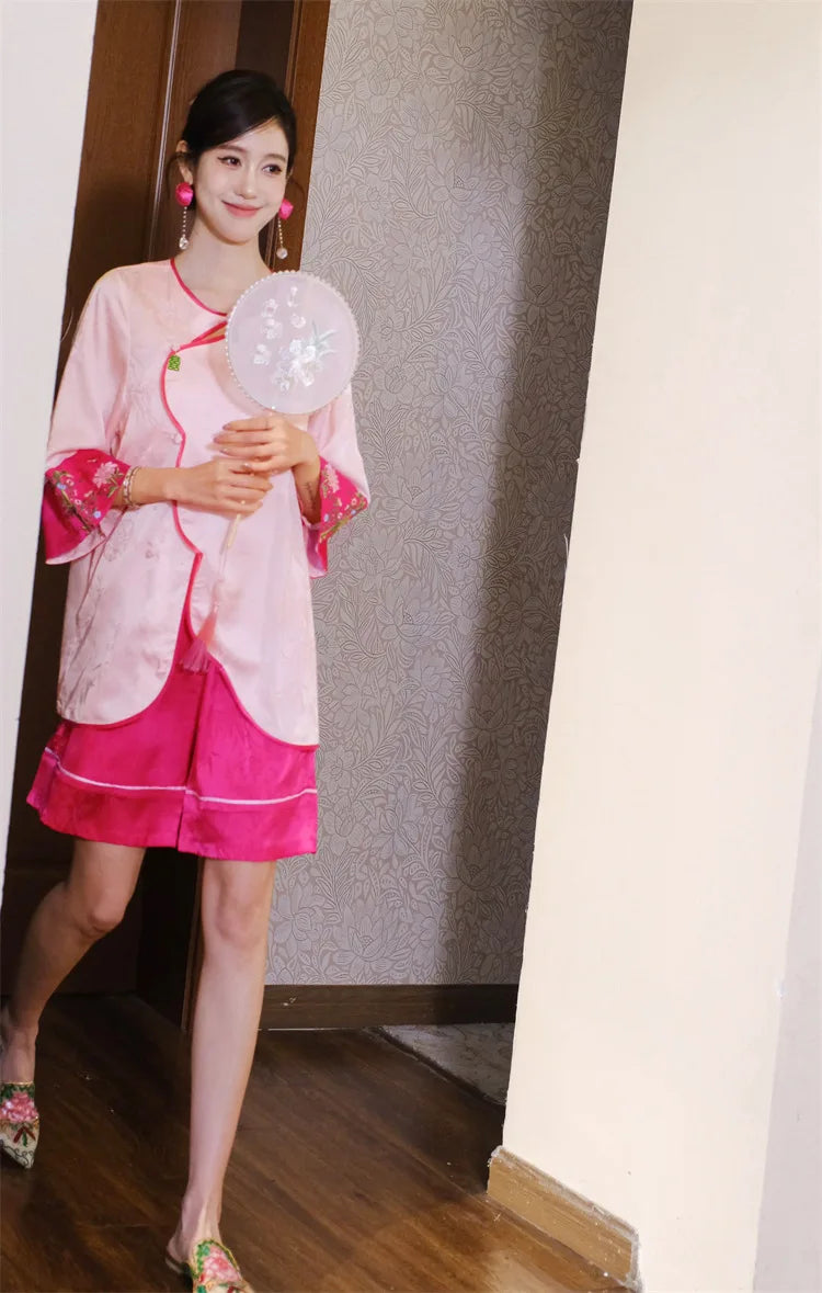 New Chinese style pajamas with breast pads, simulated silk, ice silk home wear, satin jacquard pajamas set