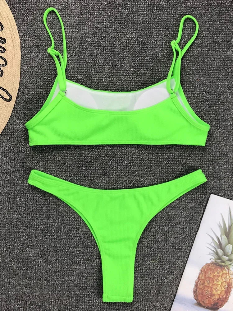 Sexy Neon Yellow Ribbed Brazilian Bikini Women Swimwear Female Swimsuit Two-pieces Bikini Set High Cut Bather Bathing Suit Swim