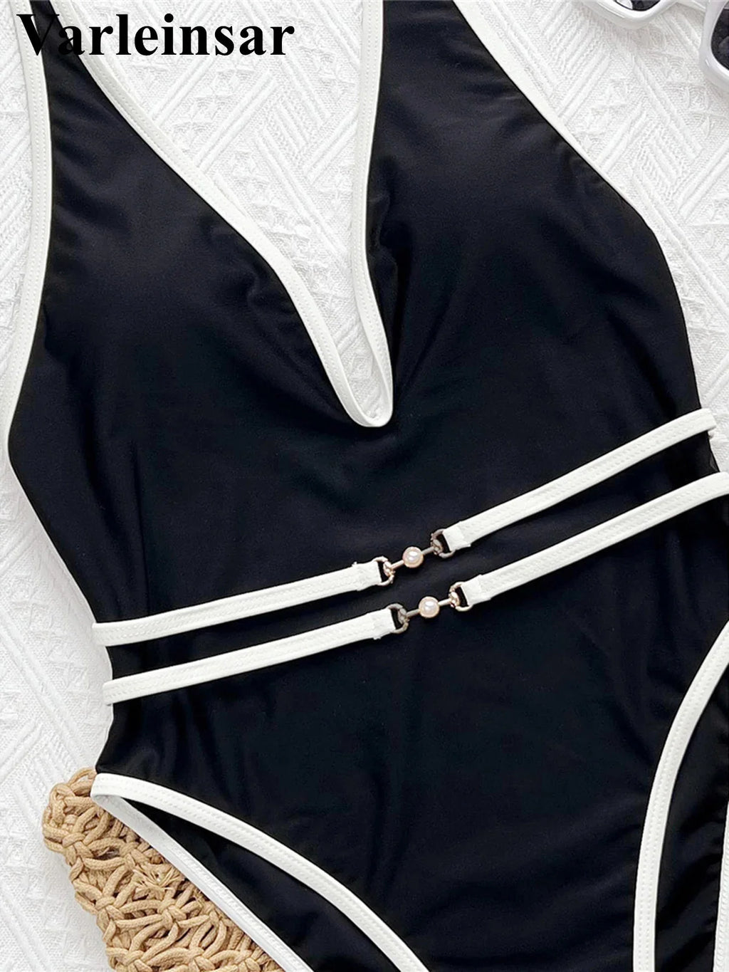 Sexy Deep V Neck Halter With Belt One Piece Swimsuit Women Swimwear Female High Cut Leg Monokini Bather Bathing Suit Swim V7602