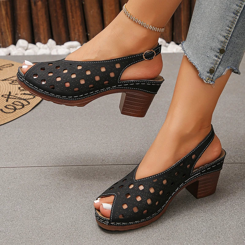 Vinatge Peep Toe Thick Heels Sandals Women Hollow Out Back Strap Rome Sandles Woman Plus Size 43 Lightweight Sandalias Mujer