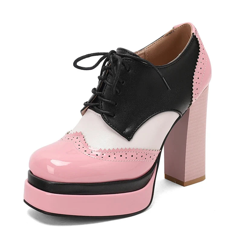 Bright Patent Leather Patchwork White PU Lace Up High Heels with Breathable Lining, Wavy and Serrated Patterns, Sweet Pumps