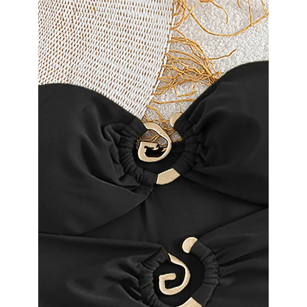 XS - L 6 Colors One Piece Swimsuit Female With Skirt Cut Out Women Swimwear Bandeau Metal Ring Bather Bathing Suit Swim V8108