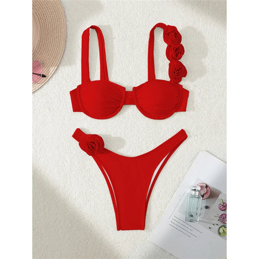 Sexy 3D Flowers Underwired Bikini Women Swimwear Female Swimsuit Two-Pieces Bikini Set Brazilian Bather Bathing Suit Swim V7970