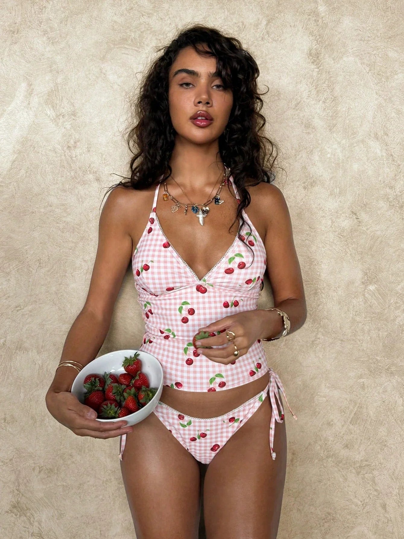 DEKA Pure Desire Pure Pink Cherry Bikini Set Push Up Mesh Lace Up Sexy Swimwear Wrap Print Pattern Spice Girls Swimsuit