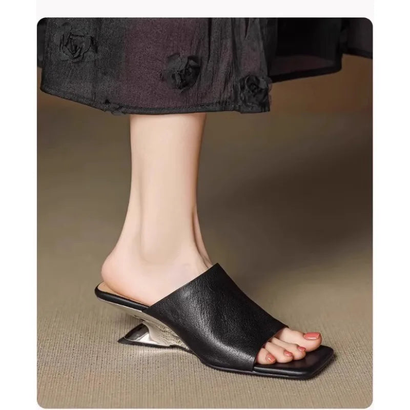Luxe  Square Toe Slide Sandals Premium Leather One Strap Mules Chunky Sole Backless Loafers Dressy Casual Summer Shoes