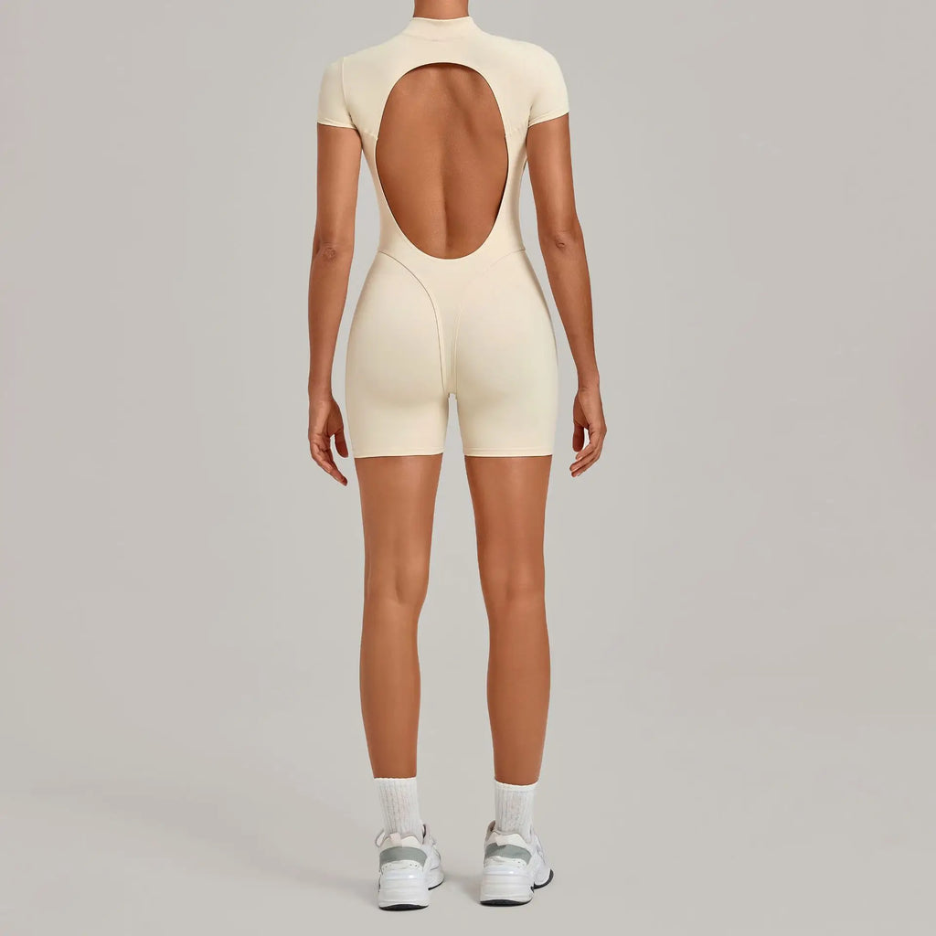 Half-zipper Slimming Yoga Jumpsuit Women Hollow Out Backless Sports One Piece Suits Short Sleeve Butt Lifting Tight Overalls