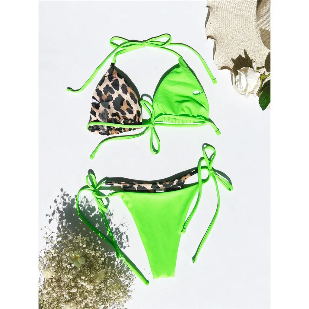 XS - L 8 Color Splicing Halter Leopard Bikini Female Swimsuit Women Swimwear Two-piece Bikini set Bather Bathing Suit Swim V3736