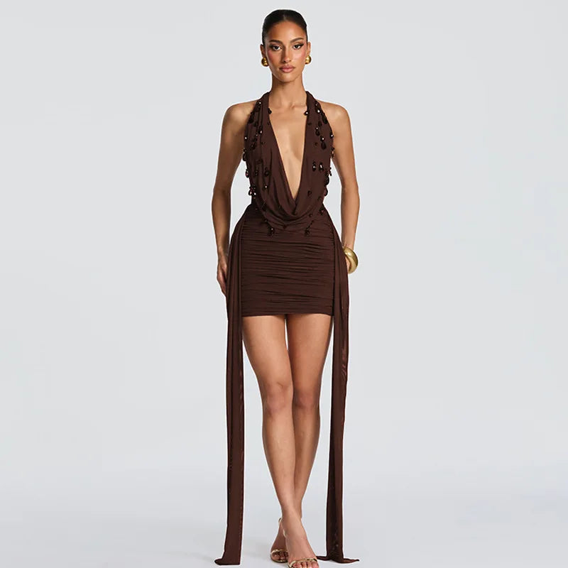 FDYOUI Elegant Halter Neck Water Drop Decoration Party Club Dress for Women 2026 Backless Bandage Folds Short Evening Dresses