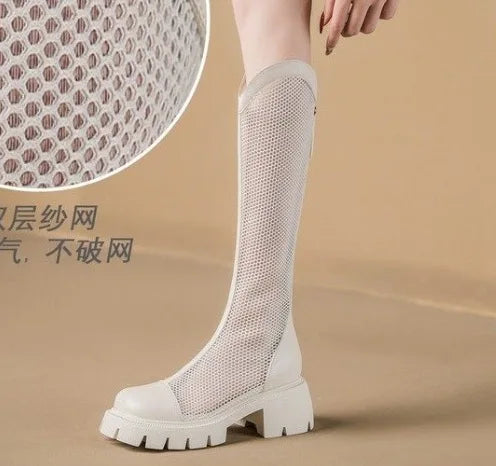 Women Summer Knee-high Mesh High Boots Female Breathable Platform Mesh Lace-up Knight Boots Thick Heel Hollow Long Knight 2025