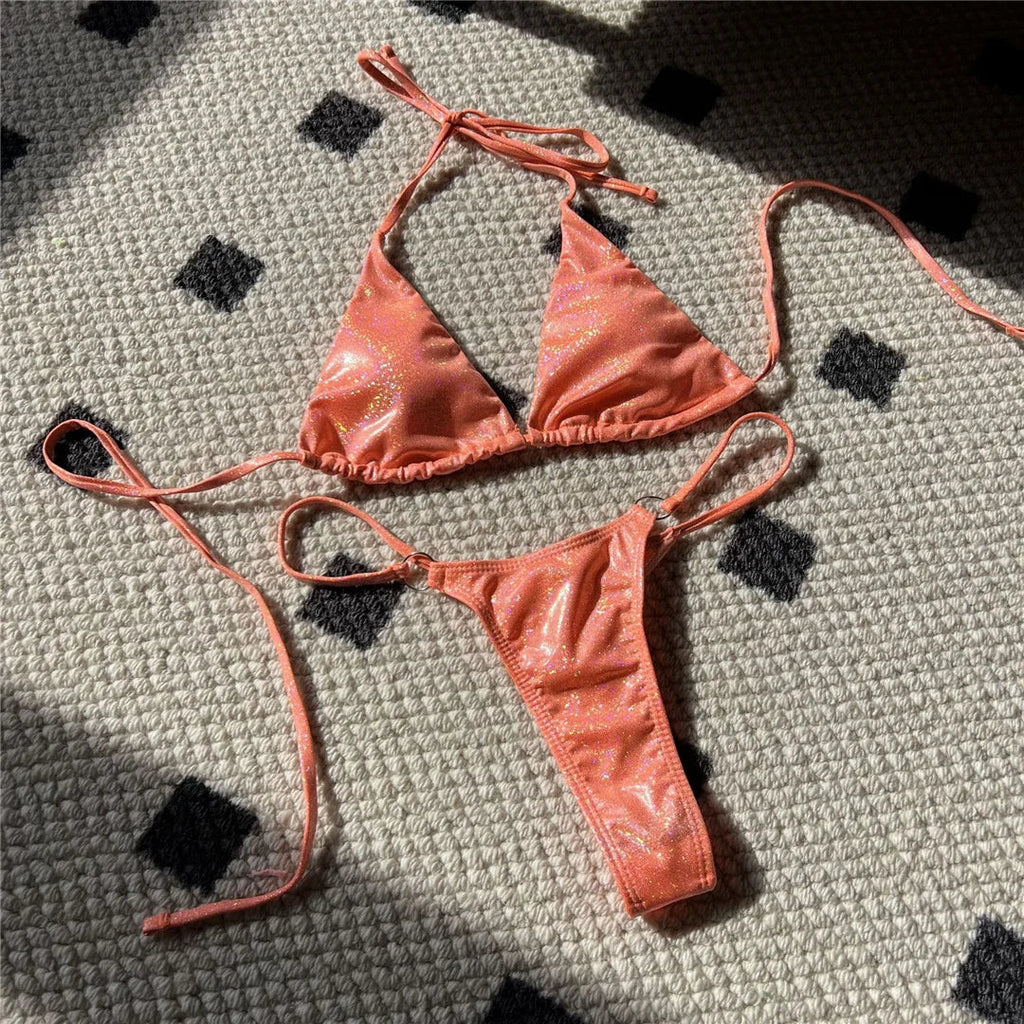Halter Glitter Sparkling High Leg Cut Bikini Women Swimwear Female Swimsuit Two-pieces Bikini Set Bather Bathing Suit Swim V5102