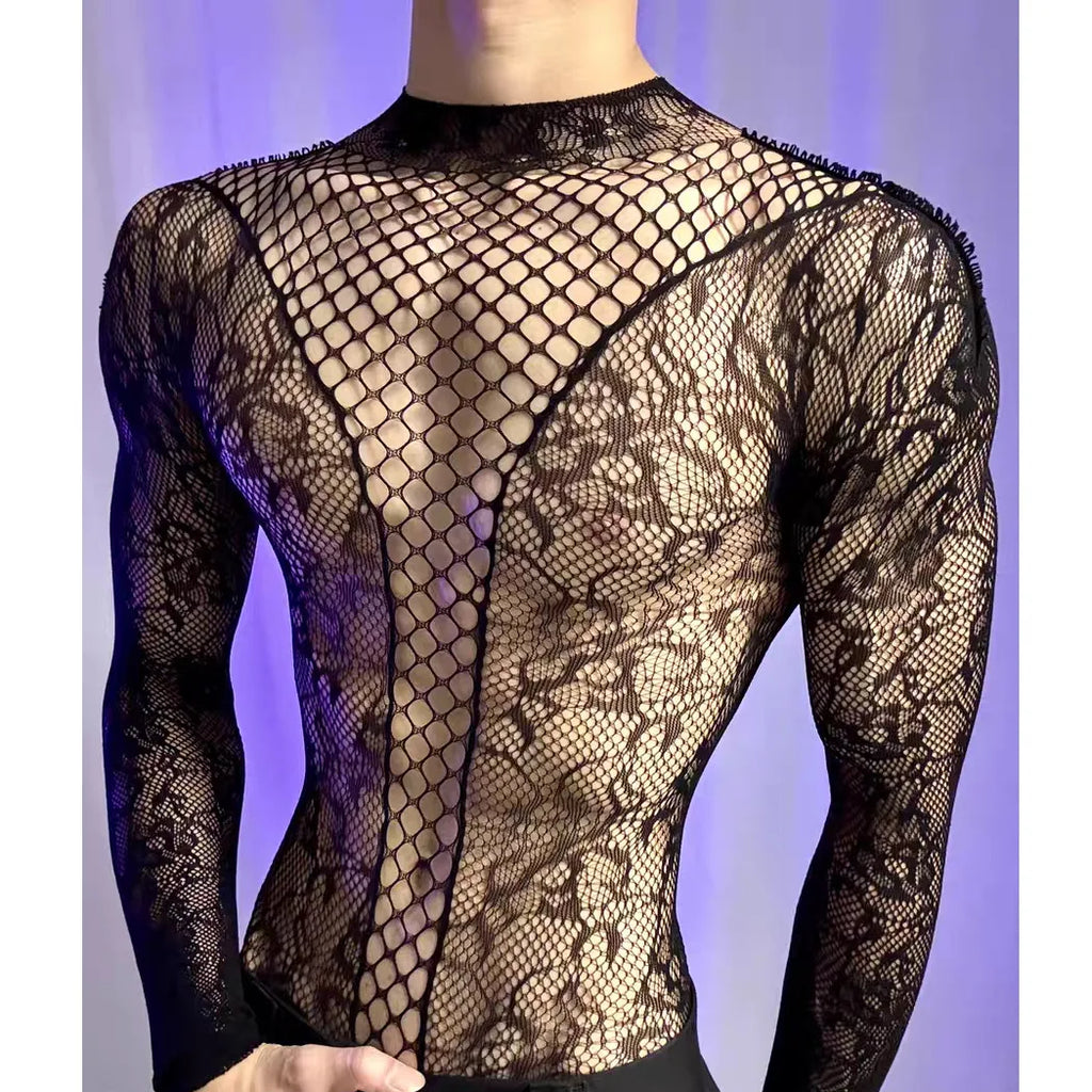 New American Style Fashion Men Vests Tops Crew Neck Sexy Hollow  Mesh Bodysuit Casual  Long Sleeve Tank Clubwear Party Costume