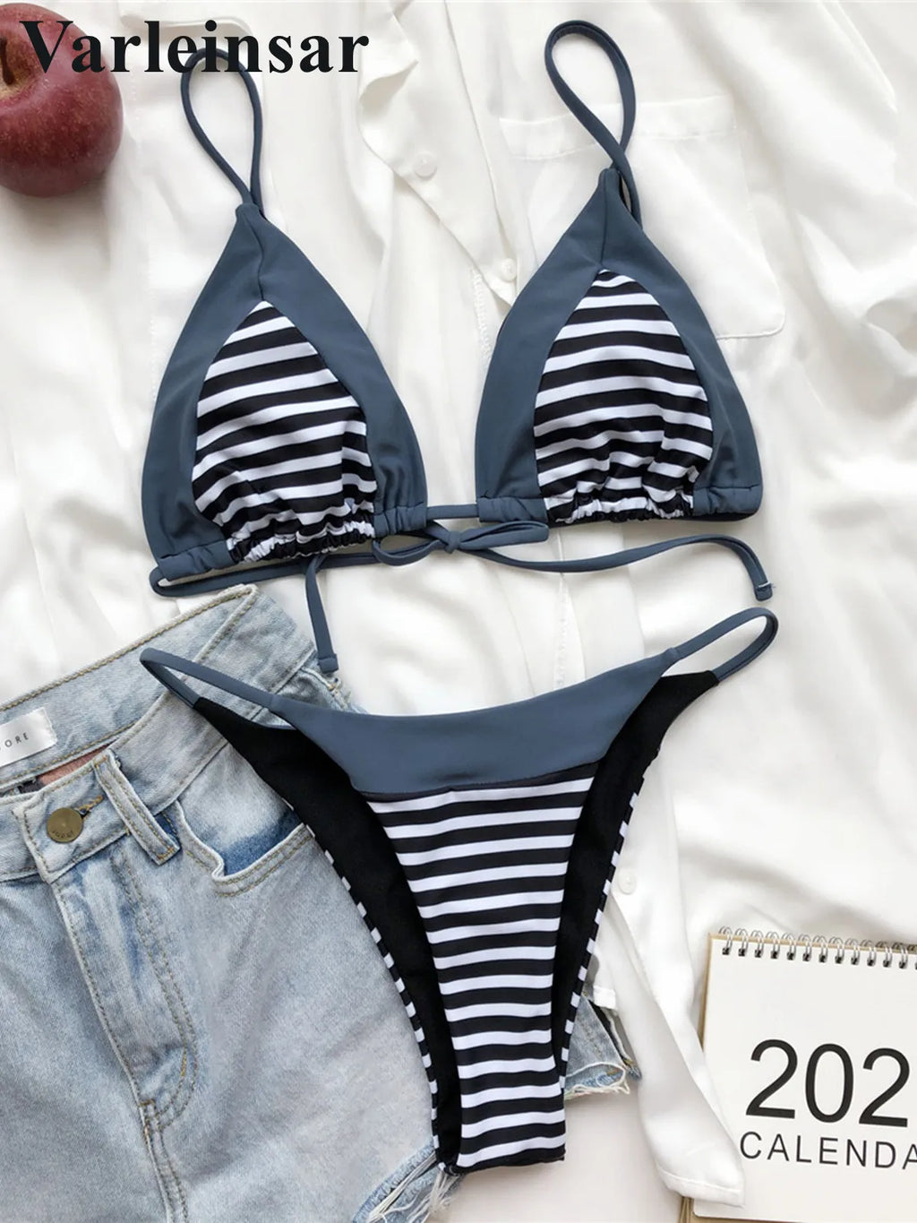 Sexy Splicing Striped Bikini Female Swimsuit Women Swimwear Two-Pieces Bikini Set High Cut Bather Bathing Suit Swim Lady V3199